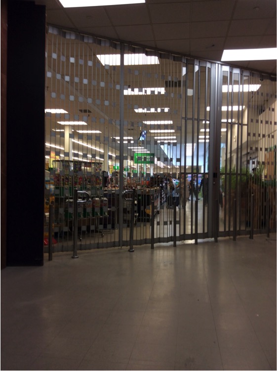 Entrance between mall and grocery store blocked by accordion gate.